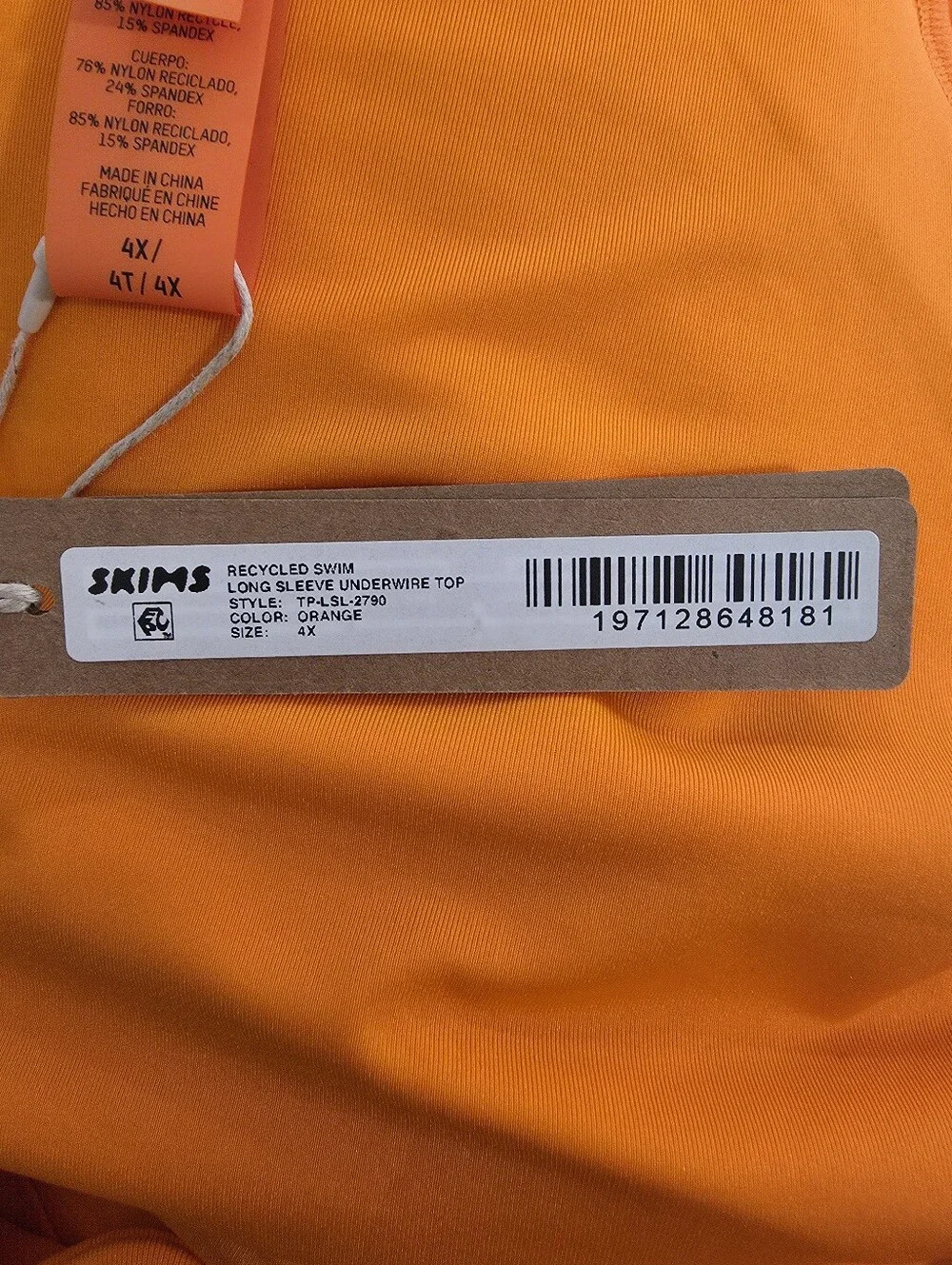 Skims Swim Long Sleeve Underwire Top in Orange -NWT
